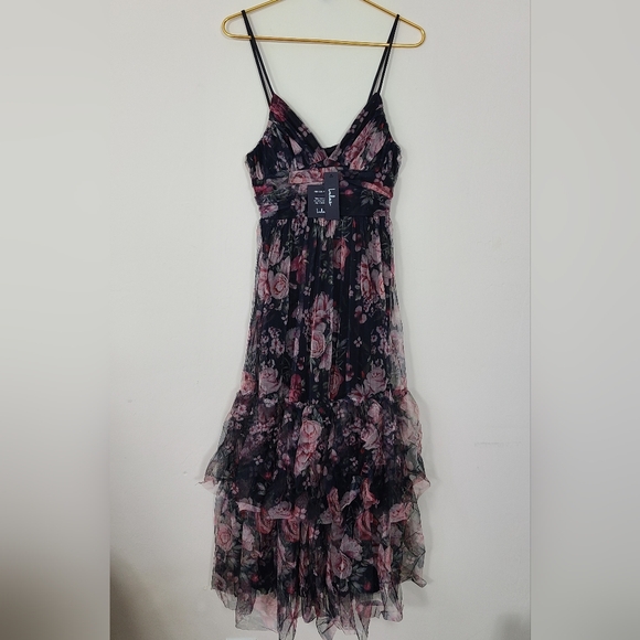 Lulus Extremely Fabulous Black Muave Floral Mesh Tiered Midi Dress Womens Size S - Picture 4 of 5